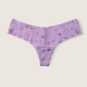 VSPINK Lavender Love Foil Floral No-Show Soft Lace Thong Underwear in Size Small